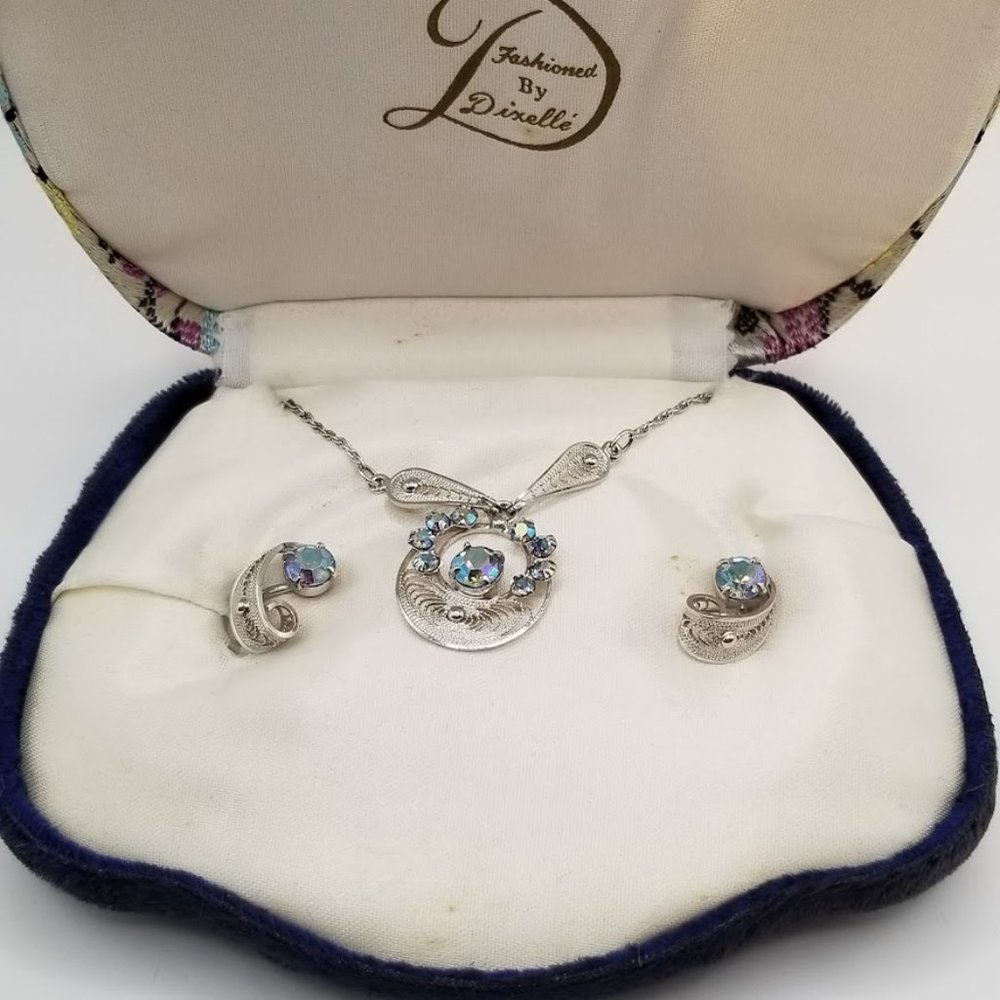 Dixelle Vintage Sterling Necklace & Screw-on Earring Set AB Rhinestone - Picture 5 of 13